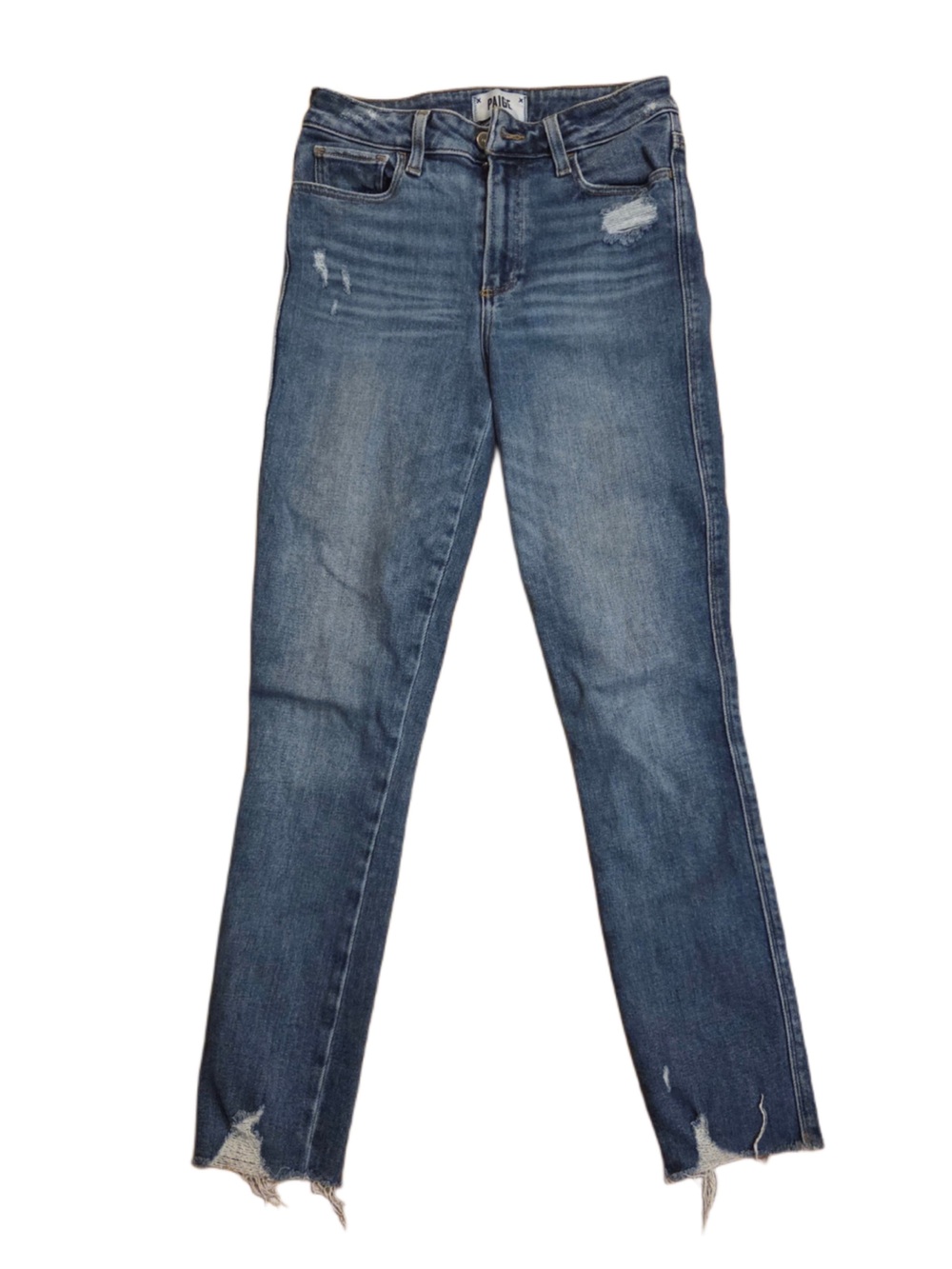 PAIGE Mid-Blue Distressed Straight Leg Jeans